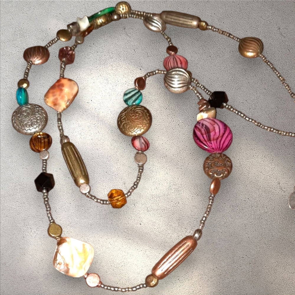 Mother of pearl beaded long necklace adjustable length Rustic Vintage